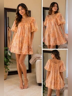 MELLODAY Women’s Floral Puff Sleeve Mini Dress Size 2 Orange Brown Babydoll.